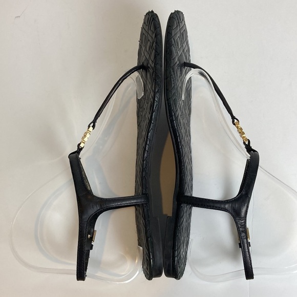 TORY BURCH Marion Quilted Black Leather T-Strap Gold Logo Sandals Size 8 Luxury - Picture 15 of 16